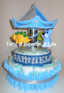 Torta di pannolini Lula Creazioni Giostra Pampers idea regalo nascita battesimo baby shower maschio femmina gravidanza pampers utile bella originale bavaglino shop online spedizioni italia ancona