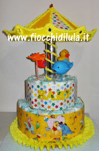 Torta di pannolini Lula Creazioni Giostra Pampers idea regalo nascita battesimo baby shower maschio femmina gravidanza pampers utile bella originale bavaglino shop online spedizioni italia ancona