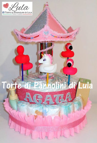 Torta di pannolini Lula Creazioni Giostra Pampers idea regalo nascita battesimo baby shower maschio femmina gravidanza pampers utile bella originale bavaglino shop online spedizioni italia ancona prodotti igiene giochini bagno