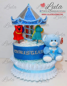 Torta di pannolini Lula Creazioni Giostra Pampers idea regalo nascita battesimo baby shower maschio femmina giostra peluche azzurro maschio