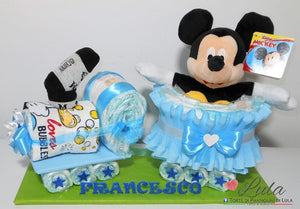 Torta di pannolini TRENINO con 1 vagone. Pampers Baby Dry confezionati per la massima igiene. Idea regalo personalizzabile con nome, bella, utile e originale per nascita, battesimo, baby shower, party premaman. Shop online, spedizioni in tutta Italia. Lula Creazioni Ancona topolino minnie