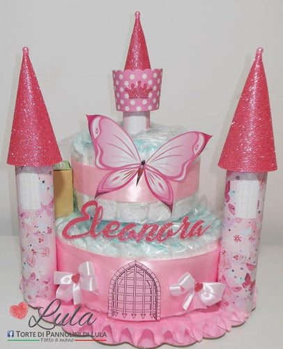 Torta di pannolini Pampers Castello Lula Creazioni principessa farfalle rosa idea regalo nascita battesimo baby shower femmina Ancona