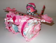 Carica l&#39;immagine nel visualizzatore di Gallery, Torta di pannolini Pampers Lula Creazioni aereo bimba calzini ciuccio idea regalo nascita battesimo baby shower originale femmina rosa
