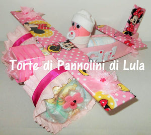 Torta di pannolini Pampers Lula Creazioni aereo bimba calzini ciuccio idea regalo nascita battesimo baby shower originale femmina rosa