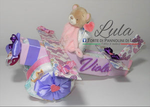 Torta di pannolini Pampers Lula Creazioni aereo bimba doudou peluche idea regalo nascita battesimo baby shower originale femmina rosa