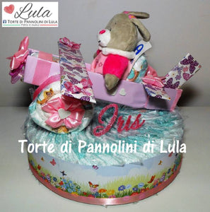 Torta di pannolini Pampers Lula Creazioni aereo bimba peluche idea regalo nascita battesimo baby shower originale femmina rosa