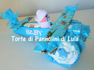 Torta di pannolini Pampers Lula Creazioni aereo bimbo calzini idea regalo nascita battesimo baby shower originale maschio azzurro