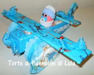 Torta di pannolini Pampers Lula Creazioni aereo bimbo calzini idea regalo nascita battesimo baby shower originale maschio azzurro