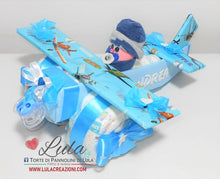 Carica l&#39;immagine nel visualizzatore di Gallery, Torta di pannolini Pampers Lula Creazioni aereo bimbo calzini idea regalo nascita battesimo baby shower originale maschio azzurro
