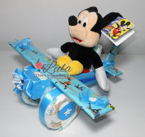 Torta di pannolini Pampers Lula Creazioni aereo bimbo peluche Topolino idea regalo nascita battesimo baby shower originale maschio azzurro