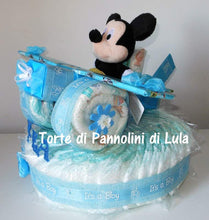 Carica l&#39;immagine nel visualizzatore di Gallery, torta di pannolini lula creazioni pampers confezionati igiene. aereo con peluche topolino disney. idea regalo nascita battesimo baby shower maschio bambino bimbo azzurro. particolare bella originale. spedizioni italia milano torino bolzano trento
