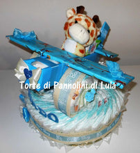 Carica l&#39;immagine nel visualizzatore di Gallery, Torta di pannolini Pampers Lula Creazioni aereo bimbo peluche idea regalo nascita battesimo baby shower originale maschio azzurro
