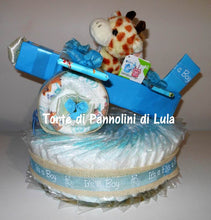 Carica l&#39;immagine nel visualizzatore di Gallery, Torta di pannolini Pampers Lula Creazioni aereo bimbo peluche idea regalo nascita battesimo baby shower originale maschio azzurro
