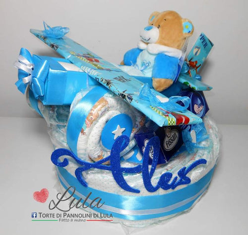 Torta di pannolini Pampers Lula Creazioni aereo bimbo peluche idea regalo nascita battesimo baby shower originale maschio azzurro