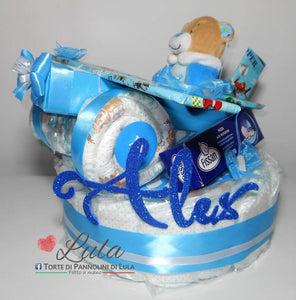 Torta di pannolini Pampers Lula Creazioni aereo bimbo peluche idea regalo nascita battesimo baby shower originale maschio azzurro