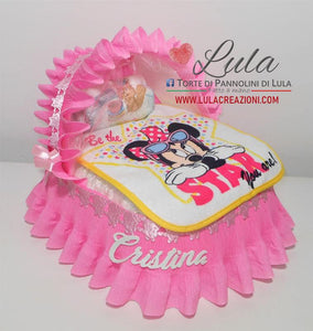 Torta di pannolini Pampers Lula creazioni culla carrozzina particolare idea regalo nascita battesimo baby shower femmina bimba bambina rosa minnie spedizioni italia ancona milano bologna torino