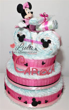 Carica l&#39;immagine nel visualizzatore di Gallery, Torte di pannolini di Lula Creazioni Moto bicicletta peluche Minnie Topolino Pampers personalizzabile fucsia celeste azzurra maschio femmina rosa idea regalo gravidanza nascita battesimo baby shower neonato bella utile originale shop online spedizioni italia ancona minnie topolino
