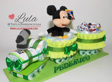 Carica l&#39;immagine nel visualizzatore di Gallery, Torta di pannolini di Lula Creazioni treno trenino peluche Minnie Topolino Pampers personalizzabile fucsia celeste azzurra maschio femmina rosa verde idea regalo gravidanza nascita battesimo baby shower neonato bella utile originale shop online spedizioni italia ancona personalizzabile
