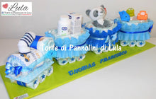 Carica l&#39;immagine nel visualizzatore di Gallery, Torta di pannolini Pampers Treno Lula Creazioni peluche trenino azzurro maschio idea regalo nascita battesimo baby shower originale utile gravidanza neonato bella shop online spedizioni italia ancona
