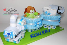 Carica l&#39;immagine nel visualizzatore di Gallery, Torta di pannolini Pampers Treno Lula Creazioni peluche trenino azzurro maschio idea regalo nascita battesimo baby shower originale utile idea regalo gravidanza nascita battesimo baby shower neonato bella utile originale shop online spedizioni italia ancona
