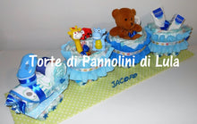 Carica l&#39;immagine nel visualizzatore di Gallery, Torta di pannolini Pampers Treno Lula Creazioni peluche trenino azzurro maschio idea regalo nascita battesimo baby shower originale utile gravidanza neonato bella shop online spedizioni italia ancona
