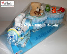 Carica l&#39;immagine nel visualizzatore di Gallery, Torta di pannolini Pampers Treno Lula Creazioni peluche trenino azzurro maschio idea regalo nascita battesimo baby shower originale utile idea regalo gravidanza nascita battesimo baby shower neonato bella utile originale shop online spedizioni italia ancona
