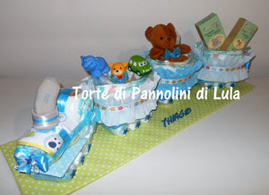 Torta di pannolini Pampers Treno Lula Creazioni peluche trenino azzurro maschio idea regalo nascita battesimo baby shower originale utile gravidanza neonato bella shop online spedizioni italia ancona