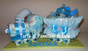 Torta di pannolini Pampers Treno Lula Creazioni peluche trenino azzurro maschio topolino idea regalo nascita battesimo baby shower originale utile gravidanza neonato bella shop online spedizioni italia ancona