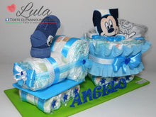 Carica l&#39;immagine nel visualizzatore di Gallery, Torta di pannolini Pampers Treno Lula Creazioni peluche trenino azzurro maschio topolino idea regalo nascita battesimo baby shower originale utile gravidanza neonato bella shop online spedizioni italia ancona
