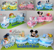 Carica l&#39;immagine nel visualizzatore di Gallery, Torta di pannolini TRENINO con 1 vagone. Pampers Baby Dry confezionati per la massima igiene. Idea regalo personalizzabile con nome, bella, utile e originale per nascita, battesimo, baby shower, party premaman. Shop online, spedizioni in tutta Italia. Lula Creazioni Ancona
