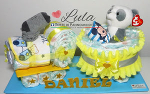 Torta di pannolini Pampers Treno Lula Creazioni peluche trenino giallo azzurro maschio idea regalo nascita battesimo baby shower originale utile gravidanza neonato bella shop online spedizioni italia ancona