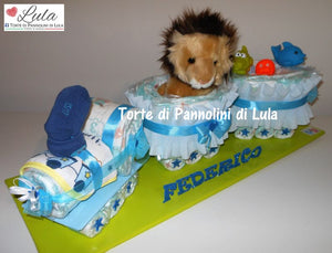 Torta di pannolini Pampers Treno Lula Creazioni peluche trenino leone azzurro maschio idea regalo nascita battesimo baby shower originale utile idea regalo gravidanza nascita battesimo baby shower neonato bella utile originale shop online spedizioni italia ancona