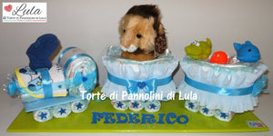 Torta di pannolini Pampers Treno Lula Creazioni peluche trenino azzurro maschio idea regalo nascita battesimo baby shower originale utile leone idea regalo gravidanza nascita battesimo baby shower neonato bella utile originale shop online spedizioni italia ancona