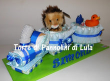 Carica l&#39;immagine nel visualizzatore di Gallery, Torta di pannolini Pampers Treno Lula Creazioni peluche trenino leone azzurro maschio idea regalo nascita battesimo baby shower originale utile idea regalo gravidanza nascita battesimo baby shower neonato bella utile originale shop online spedizioni italia ancona
