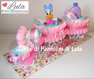 Torta di pannolini Pampers Treno Lula Creazioni peluche trenino rosa femmina Paperina idea regalo nascita battesimo baby shower originale utile idea regalo gravidanza nascita battesimo baby shower neonato bella utile originale shop online spedizioni italia ancona