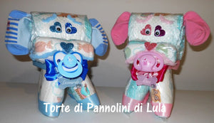 Torta di pannolini animali cane leone giraffa elefante teneri cuccioli Pampers Lula Creazioni idea regalo nascita battesimo baby shower utile originale maschio femmina + ciuccio + calzini