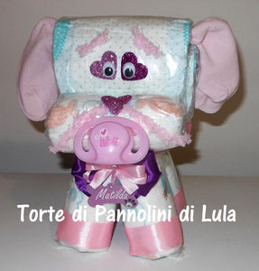 Torta di pannolini animali cane leone giraffa elefante teneri cuccioli Pampers Lula Creazioni idea regalo nascita battesimo baby shower utile originale maschio femmina + ciuccio + calzini