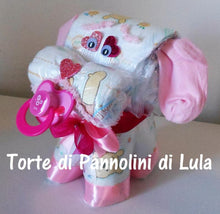 Carica l&#39;immagine nel visualizzatore di Gallery, Torta di pannolini animali cane leone giraffa elefante teneri cuccioli Pampers Lula Creazioni idea regalo nascita battesimo baby shower utile originale maschio femmina + ciuccio + calzini
