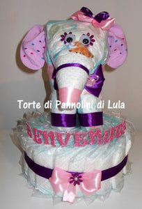 Torta di pannolini animali cane leone giraffa elefante teneri cuccioli Pampers Lula Creazioni idea regalo nascita battesimo baby shower utile originale maschio femmina + ciuccio + calzini