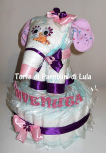 Torta di pannolini animali cane leone giraffa elefante teneri cuccioli Pampers Lula Creazioni idea regalo nascita battesimo baby shower utile originale maschio femmina + ciuccio + calzini