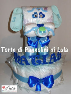 Torta di pannolini animali cane leone giraffa elefante teneri cuccioli Pampers Lula Creazioni idea regalo nascita battesimo baby shower utile originale maschio femmina + ciuccio + calzini