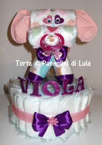 Torta di pannolini animali cane leone giraffa elefante teneri cuccioli Pampers Lula Creazioni idea regalo nascita battesimo baby shower utile originale maschio femmina + ciuccio + calzini