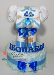 Torta di pannolini animali cane leone giraffa elefante teneri cuccioli Pampers Lula Creazioni idea regalo nascita battesimo baby shower utile originale maschio femmina + ciuccio + calzini