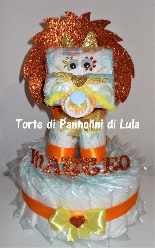 Torta di pannolini animali cane leone giraffa elefante teneri cuccioli Pampers Lula Creazioni idea regalo nascita battesimo baby shower utile originale maschio femmina + ciuccio + calzini