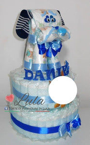 Torta di pannolini animali cane leone giraffa elefante teneri cuccioli Pampers Lula Creazioni idea regalo nascita battesimo baby shower utile originale maschio femmina + ciuccio + calzini