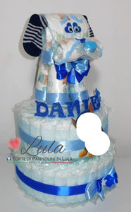 Torta di pannolini animali cane leone giraffa elefante teneri cuccioli Pampers Lula Creazioni idea regalo nascita battesimo baby shower utile originale maschio femmina + ciuccio + calzini