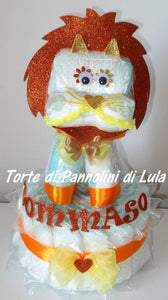 Torta di pannolini animali cane leone giraffa elefante teneri cuccioli Pampers Lula Creazioni idea regalo nascita battesimo baby shower utile originale maschio femmina + calzini