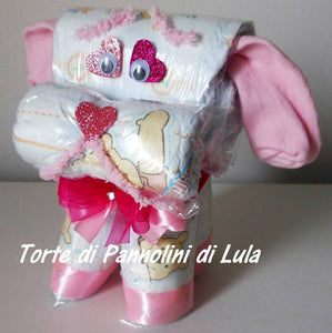 Torta di pannolini animali cane leone giraffa elefante teneri cuccioli Pampers Lula Creazioni idea regalo nascita battesimo baby shower utile originale maschio femmina + calzini