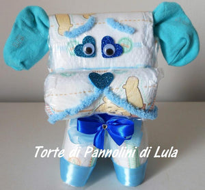 Torta di pannolini animali cane leone giraffa elefante teneri cuccioli Pampers Lula Creazioni idea regalo nascita battesimo baby shower utile originale maschio femmina + calzini