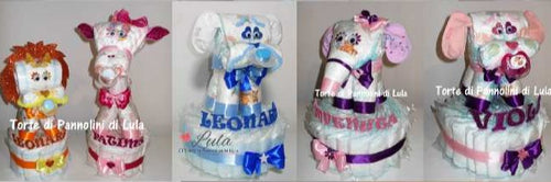 Torta di pannolini animali cane leone giraffa elefante teneri cuccioli Pampers Lula Creazioni idea regalo nascita battesimo baby shower utile originale maschio femmina + ciuccio + calzini